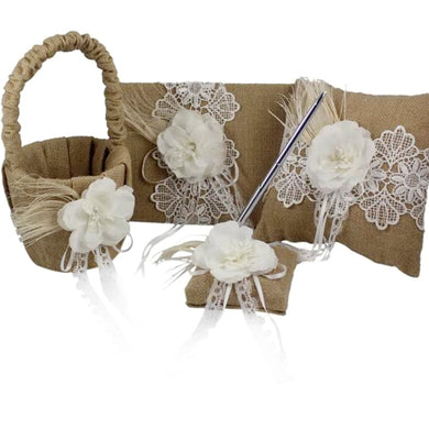 Burlap with White Flower and feather 4pc Wedding set