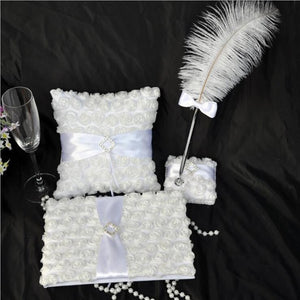 Elegant white rose set (Guest book, Flower Basket, Pen Holder, Ring Pillow, Feather Pen)